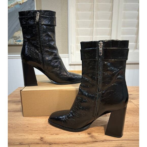 Nine West Tartess Black Boot Leather Size 8 Lightly Worn Square Toe Strap Detail - Picture 8 of 12
